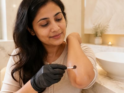 A small round patch of dark brown hair colour applied to the inner elbow and dabbed with a cotton pad