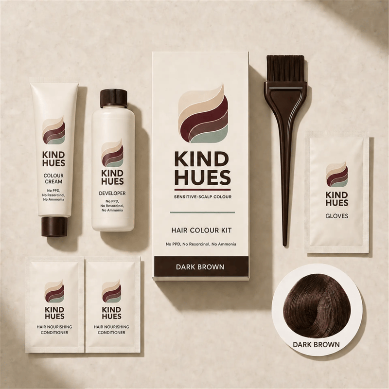 Kind Hues Dark Brown hair colour kit with carton, colorant, developer, conditioner sachets, bowl, brush and gloves