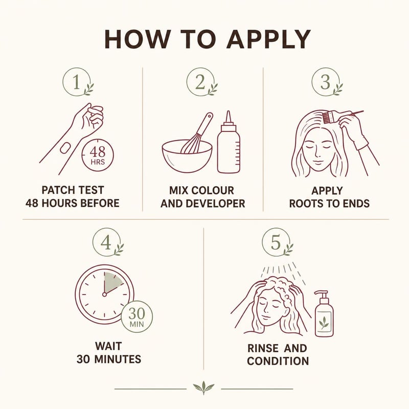 Five step guide: patch test 48 hours before, mix colour and developer, apply roots to ends, wait 30 minutes, rinse and condition