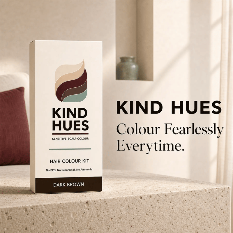 Kind Hues Dark Brown hair colour kit carton styled on a stone ledge